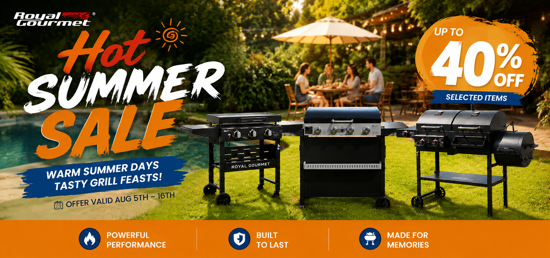 Promotional banner for Royal Gourmet grills featuring three black gas grills on a backyard patio lawn with people dining under an umbrella in the background. Large text reads 'Hot Summer Sale' and 'Up to 40% Off Selected Items,' with feature icons at the bottom.
