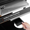 Royal Gourmet Hand pulling out a removable grease tray from a grill with text 'Hassle-Free Cleanup' displayed.