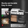 Royal Gourmet Grill with text highlighting durability and ease of cleaning, featuring 430 stainless steel and a heavy-duty design.