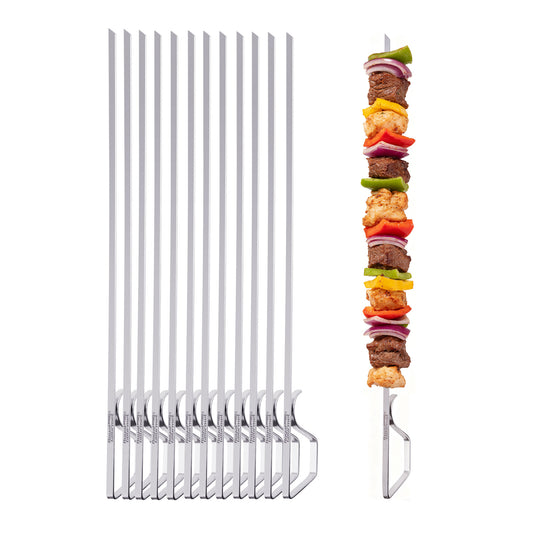 Set of metal skewers with a Royal Gourmet  colorful skewer of food on a white background