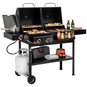 Royal Gourmet Portable outdoor grill cart with multiple burners, cooking utensils, and food items on a white background.