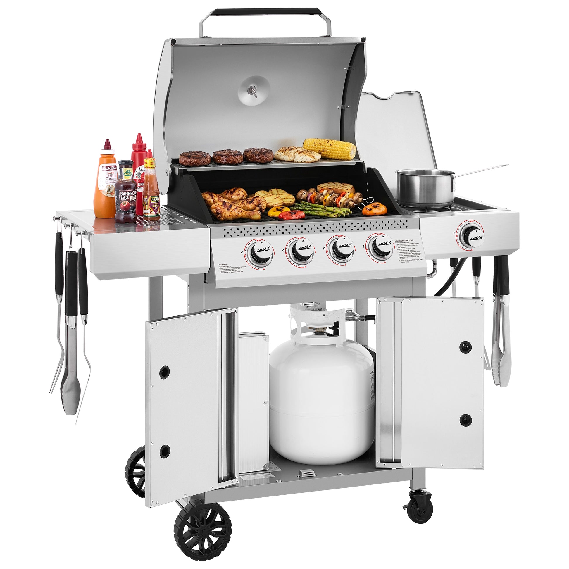 Stainless steel Royal Gourmet grill with food on a white background