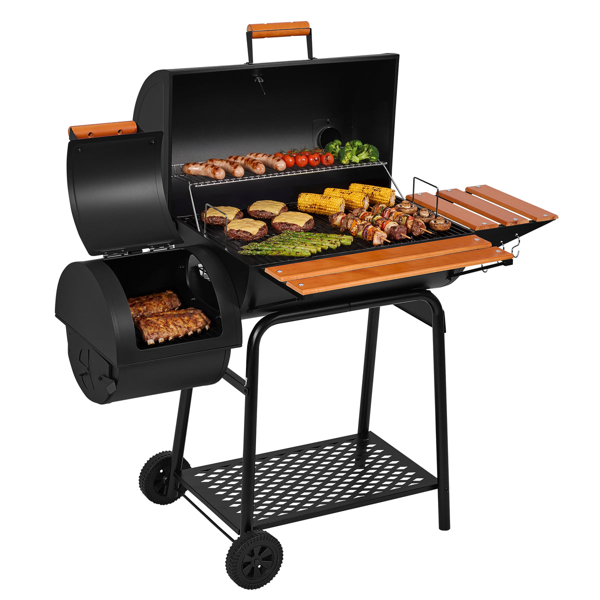 A black Royal Gourmet charcoal grill with an open lid, side storage compartment, and extended side table, shown loaded with food on a white background.