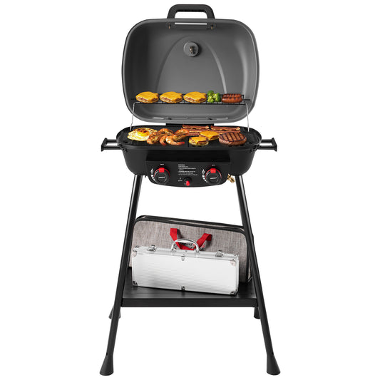 Portable 2-Burner Gas Grill with Stand and Shelf, Gray