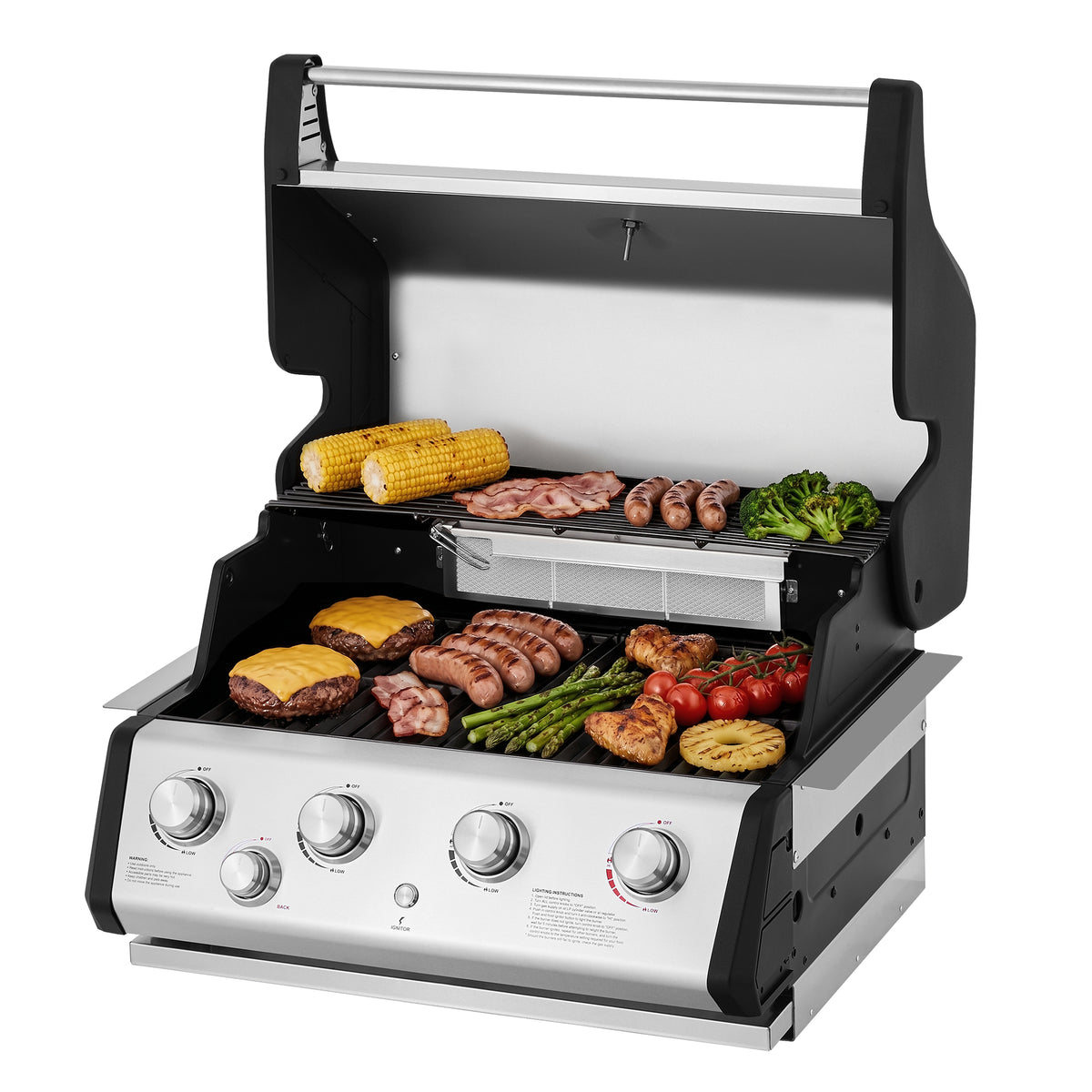 A 4-burner Royal Gourmet  gas grill with a stainless steel and black finish, shown open and loaded with food including burgers, sausages, corn, broccoli, and tomatoes, on a solid white background.