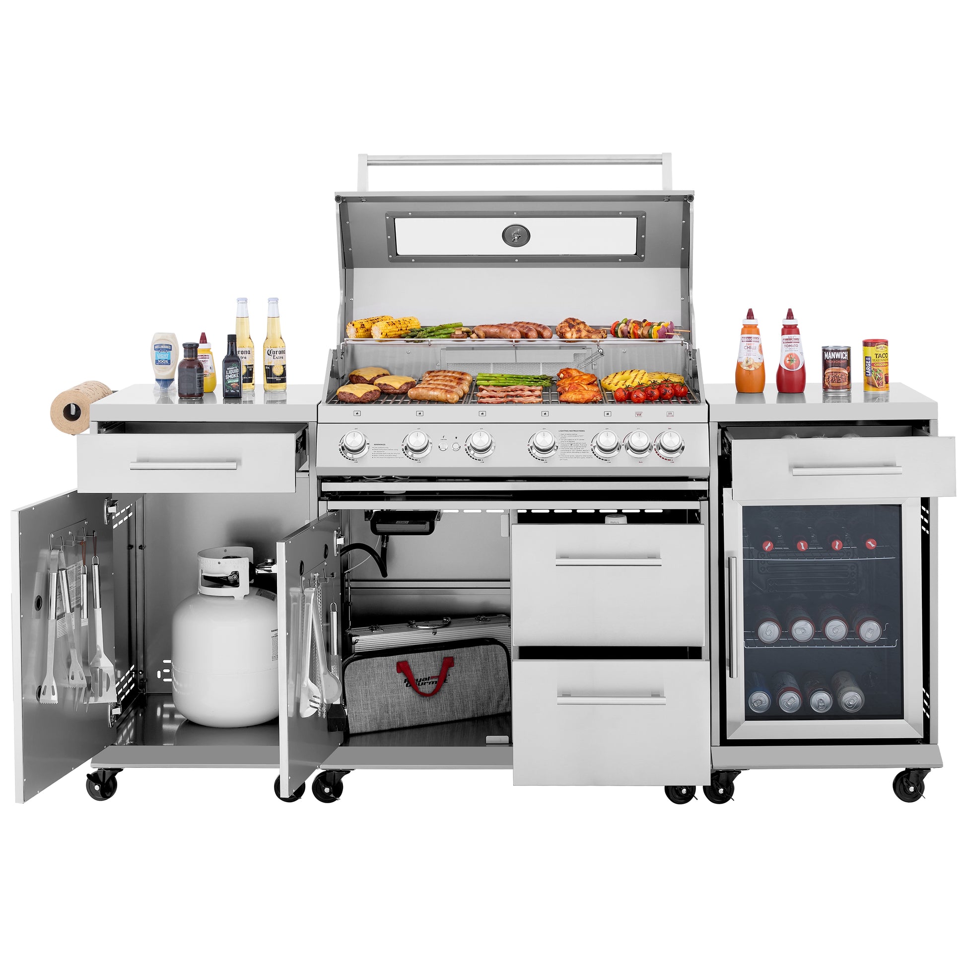 A large stainless steel Royal Gourmet outdoor gas grill and cook bar set on wheels, shown open with food cooking on the grates, bottles and condiments on the countertops, a propane tank in the lower cabinet, utensils on the left door, and a glass-door cooler on the right.