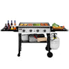 Outdoor Royal Gourmet grill with cooking surface, bottles, and vegetables on a white background