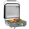 A portable electric Royal Gourmet  grill with a gray body and black accents, shown open with its lid raised. The grill is loaded with food, including burgers with cheese and tomatoes, skewers, and asparagus, and is photographed on a clean white background.
