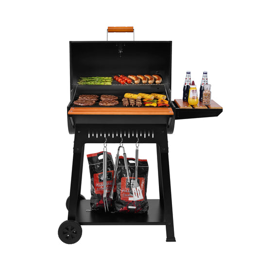 Royal Gourmet Barbecue grill with food and accessories on a white background