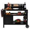 Black outdoor kitchen cart with food items and utensils on a white background