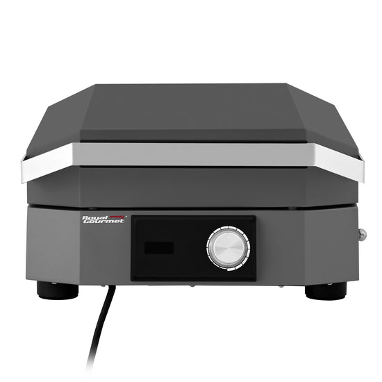 A Royal Gourmet Royal Gourmet electric grill or broiler oven with a dark gray body, a silver metal band around the top, and a black front control panel with a dial, shown on a white background.