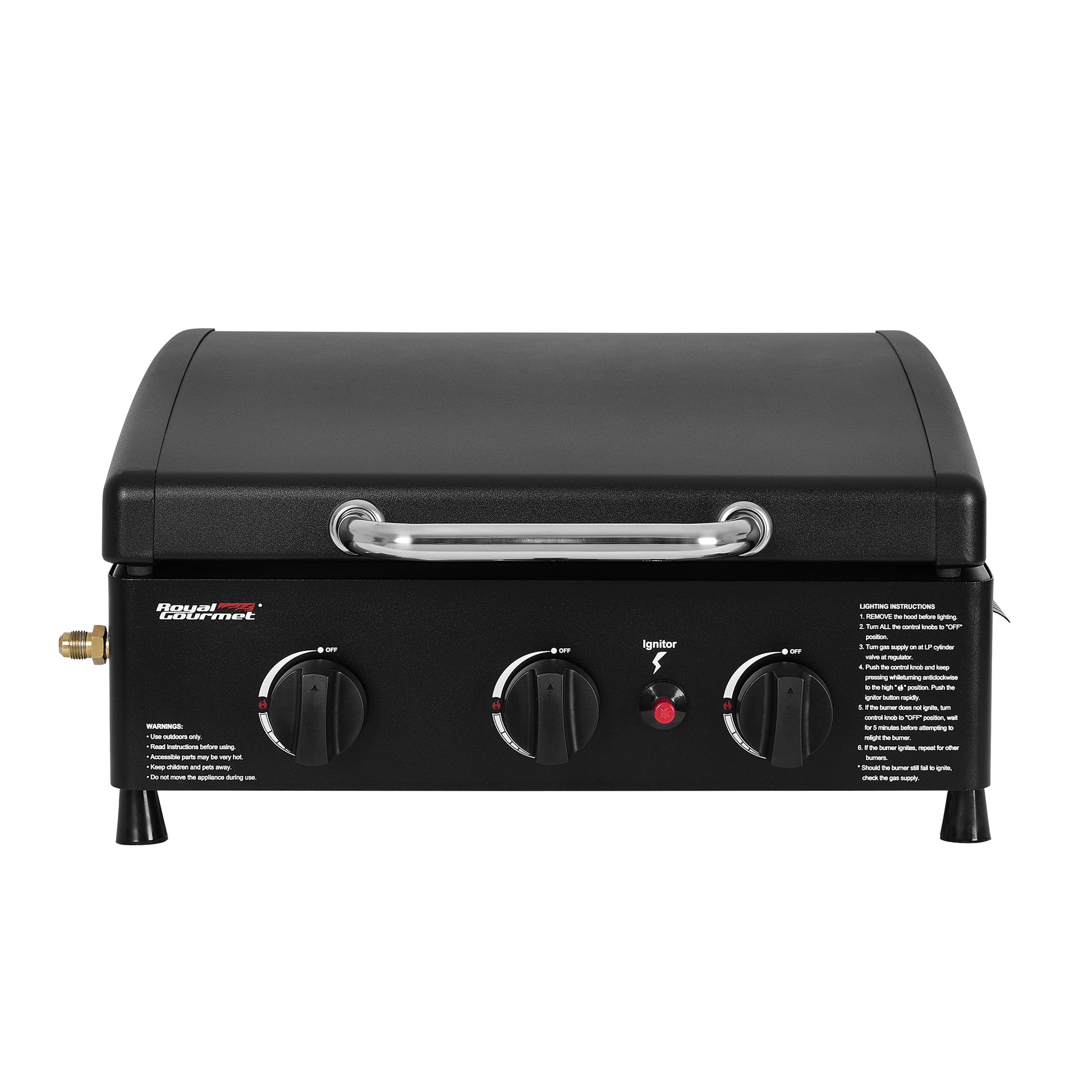 Royal Gourmet Black portable grill with control knobs on a white background