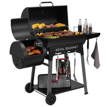 Black Royal Gourmet barbecue grill with food and accessories on a white background