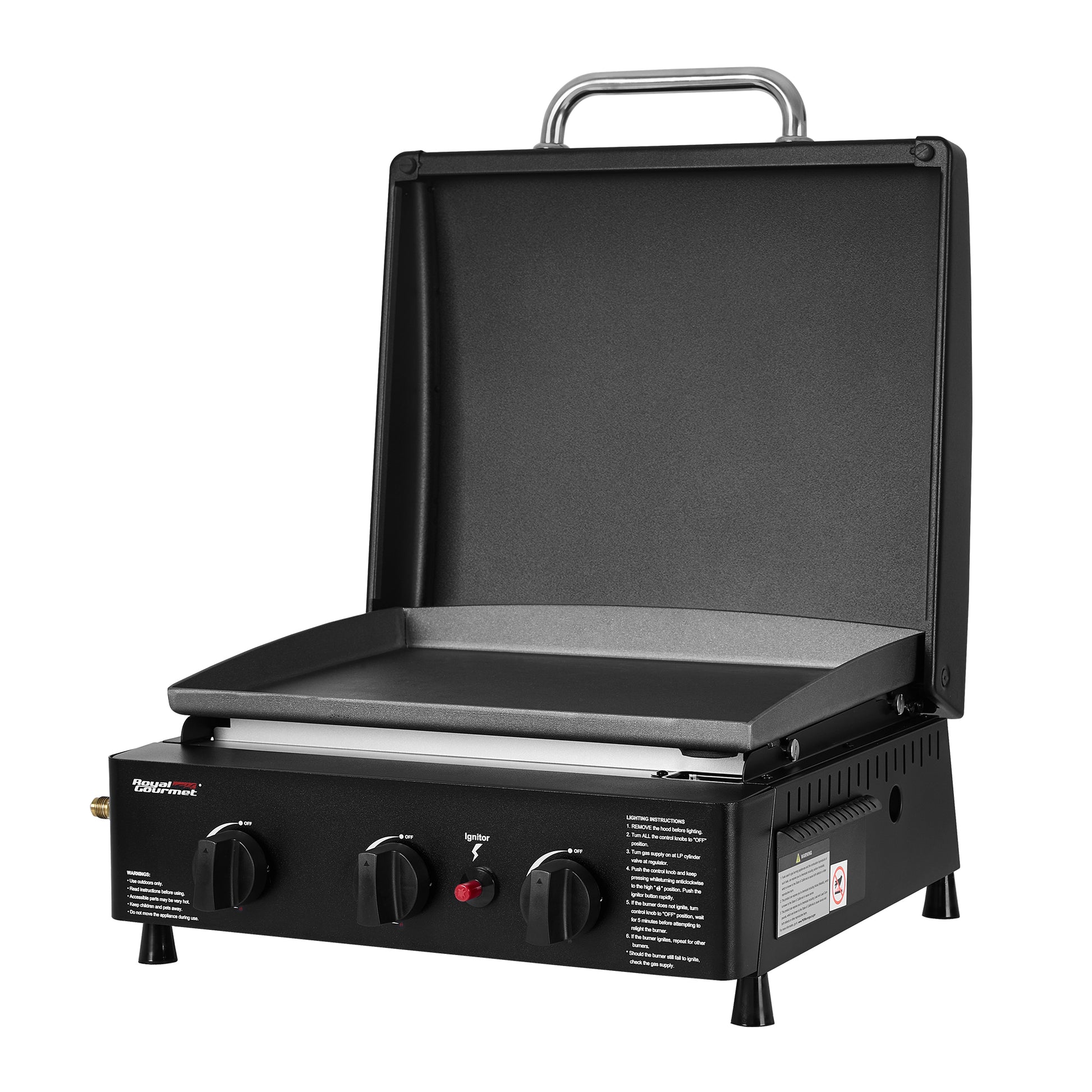 Royal Gourmet Black portable grill with control knobs on a white background