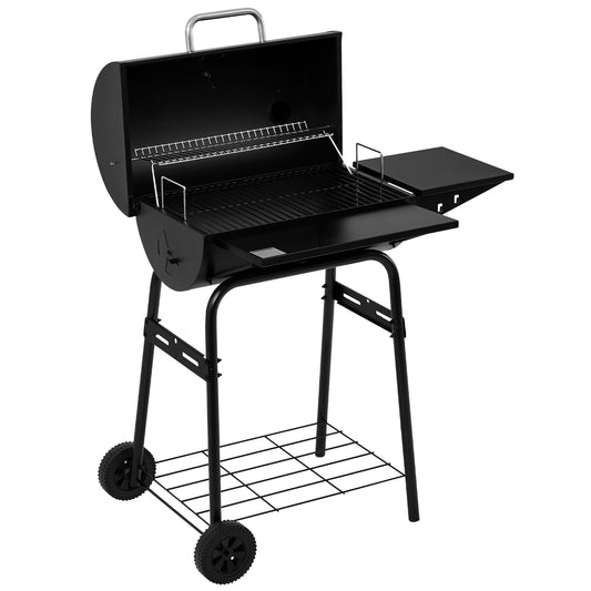 Barrel Charcoal Grill with Side & Front Shelves, Black