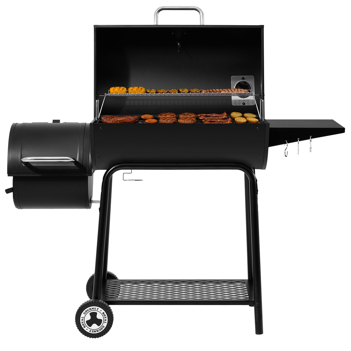 A black outdoor Royal Gourmet  pellet grill with a side burner, open lid, side shelf, lower grate, and wheels, shown on a plain white background with food cooking inside.