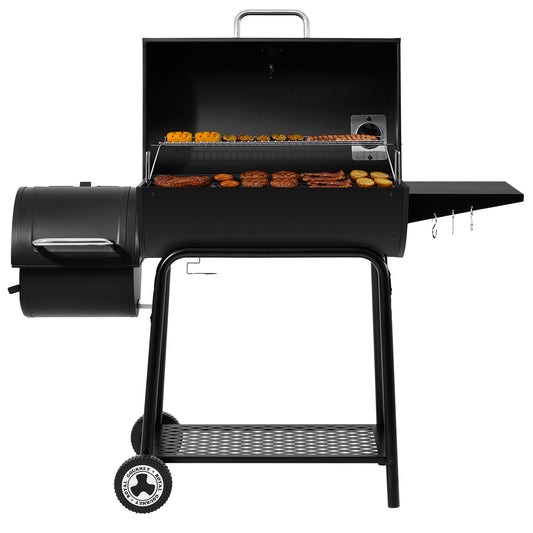 A black outdoor Royal Gourmet  pellet grill with a side burner, open lid, side shelf, lower grate, and wheels, shown on a plain white background with food cooking inside.