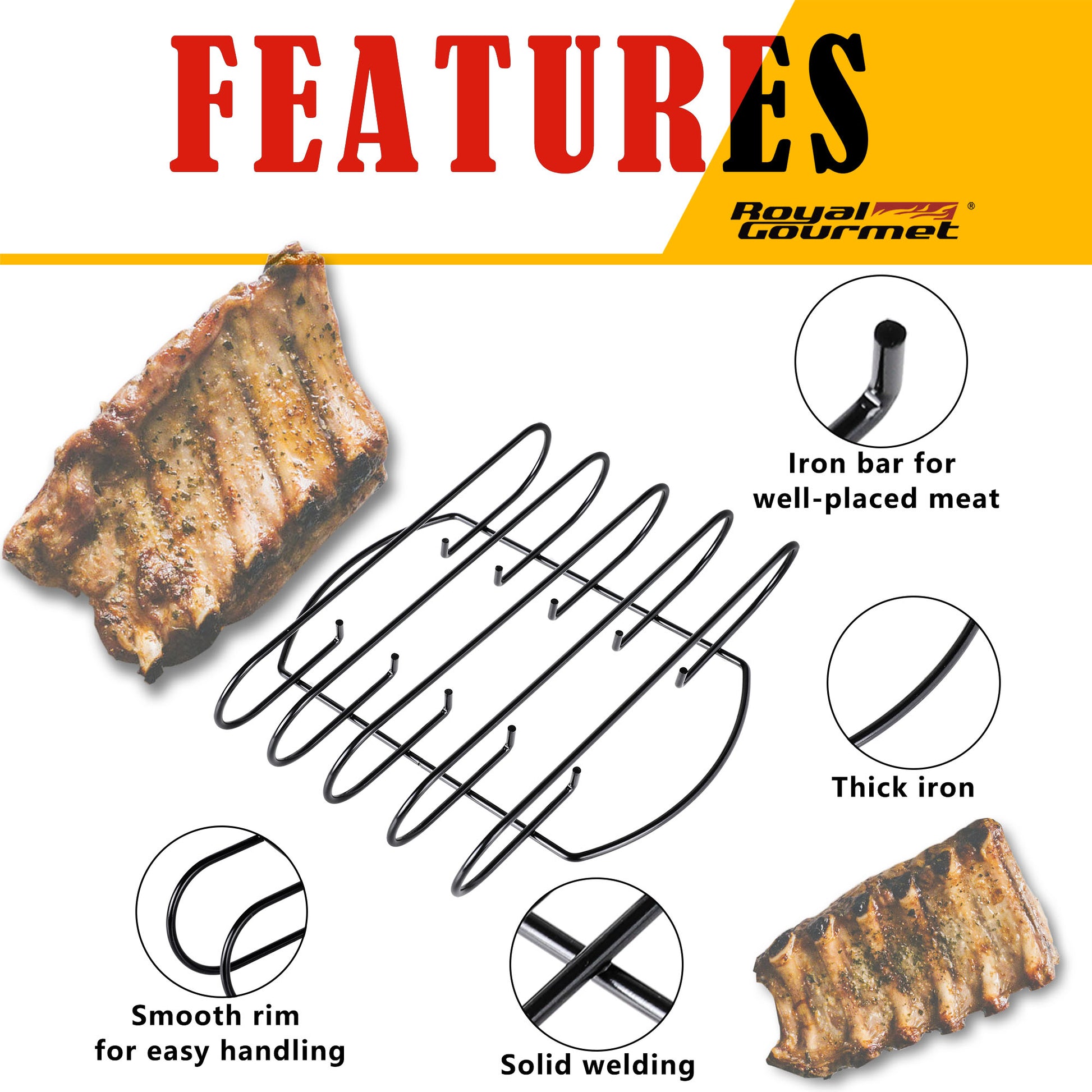 Royal Gourmet Grill rack with features highlighted and Royal Gourmet branding.