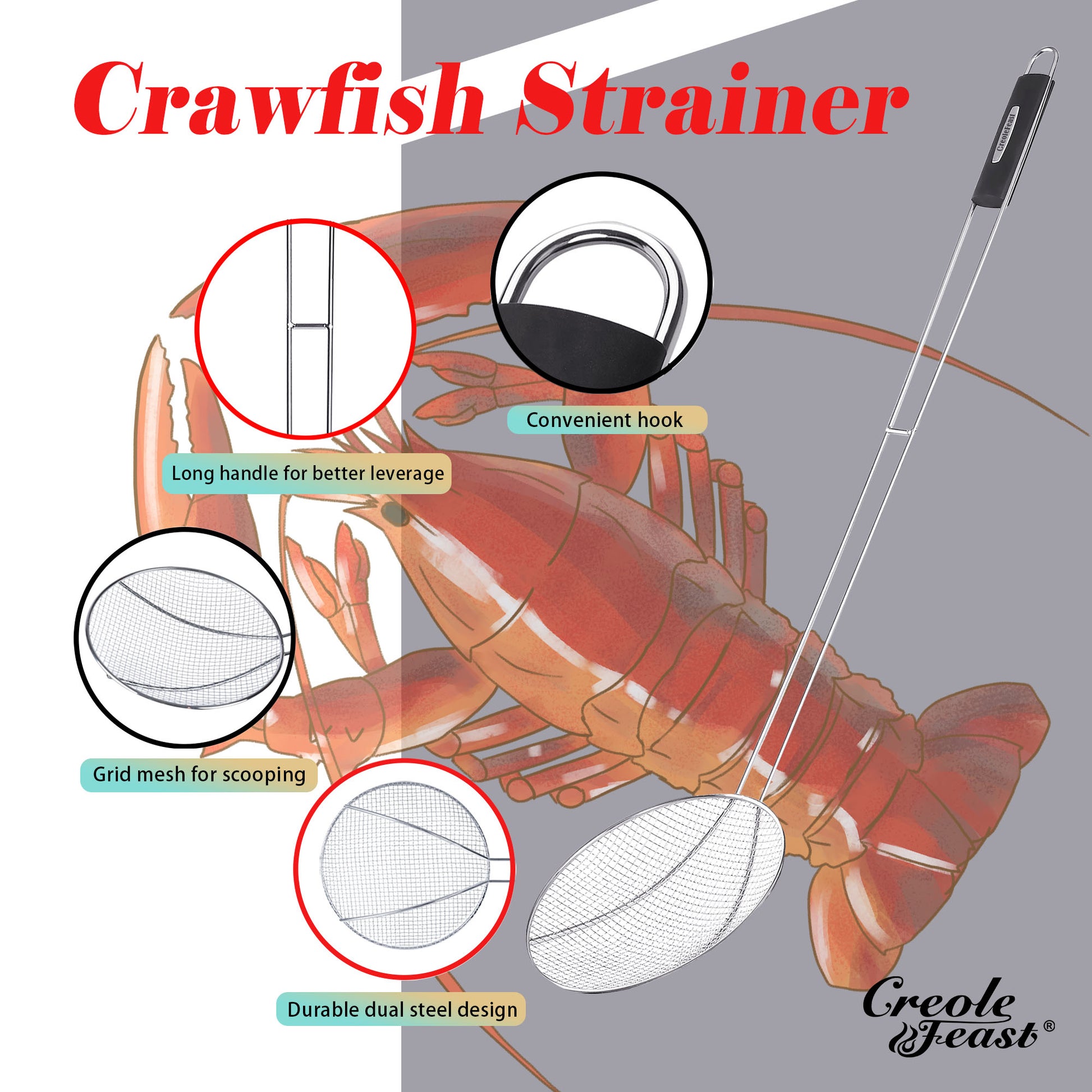 Crawfish strainer with features highlighted on a gray background