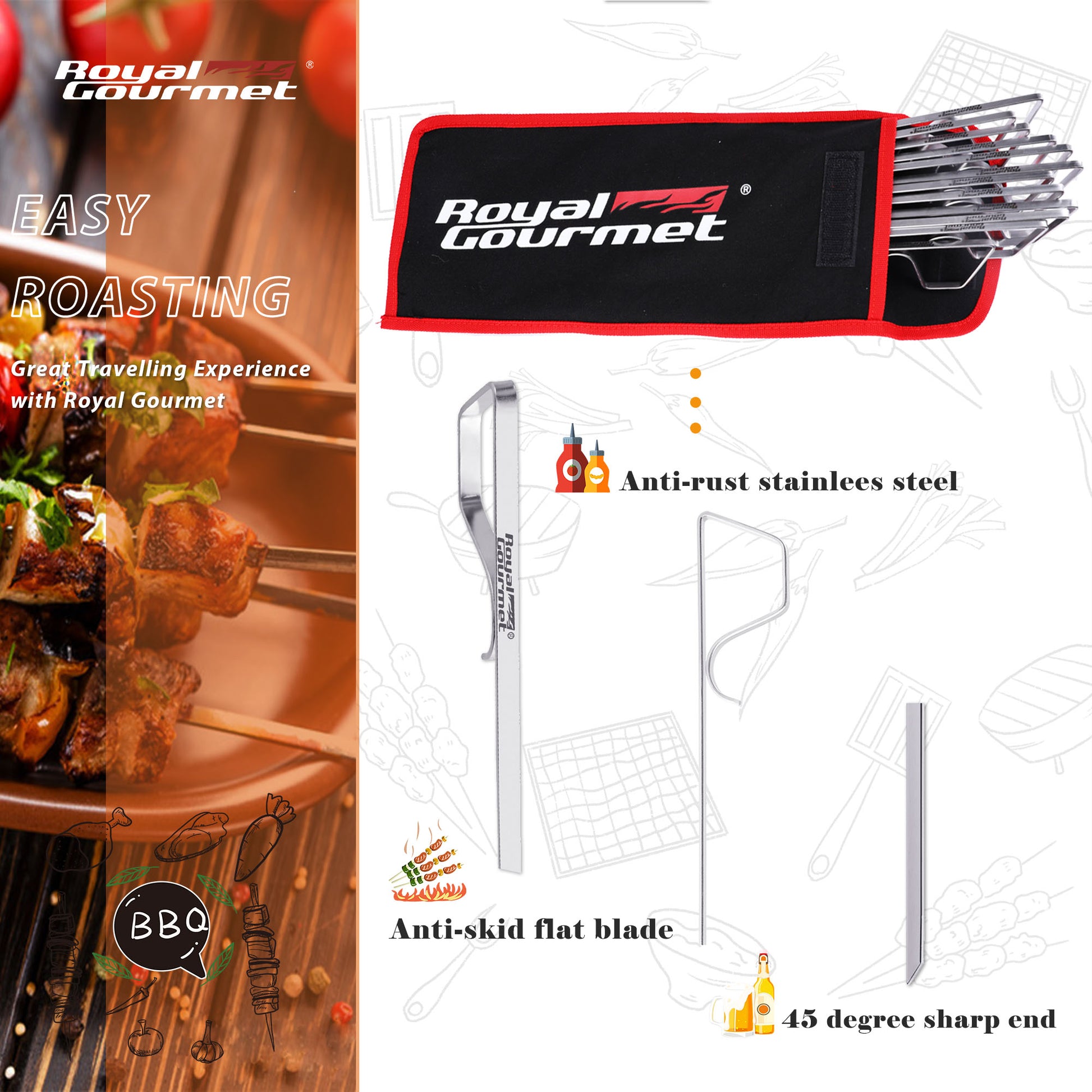 Royal Gourmet BBQ skewers set with carrying case on a white background