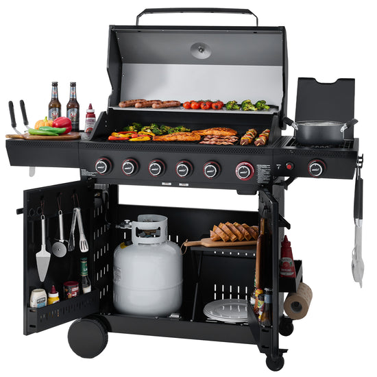 Black Royal Gourmet barbecue grill with various accessories and food on a white background