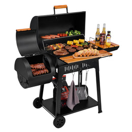 Barrel Charcoal Grill with Offset Smoker | Pine Wood Accents