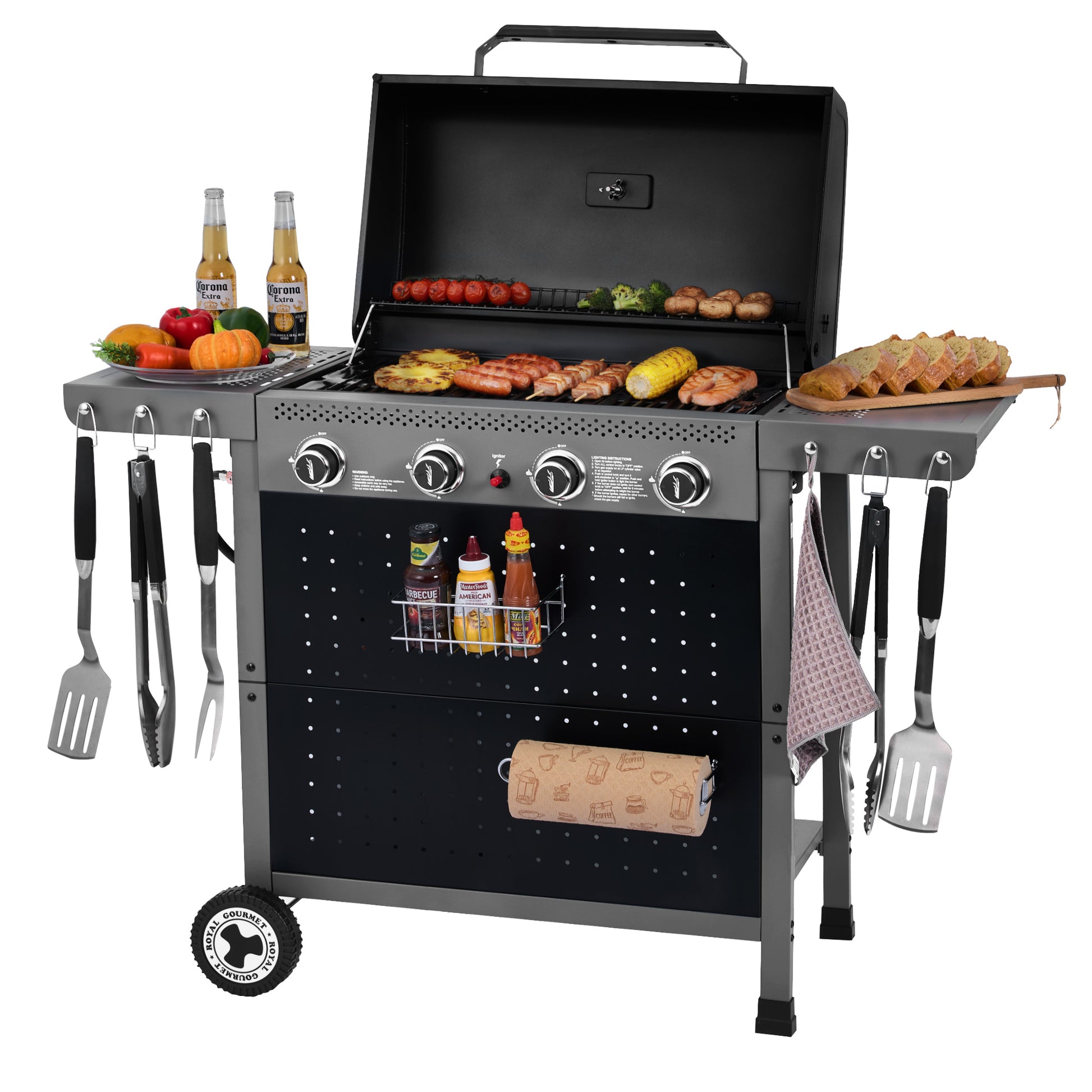 Royal Gourmet Barbecue grill with food and utensils on a white background