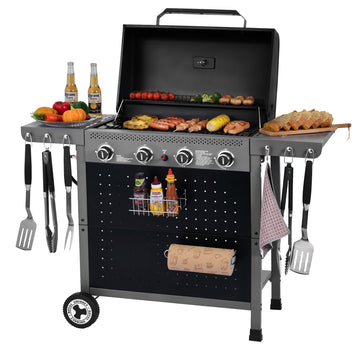 Royal Gourmet Barbecue grill with food and utensils on a white background