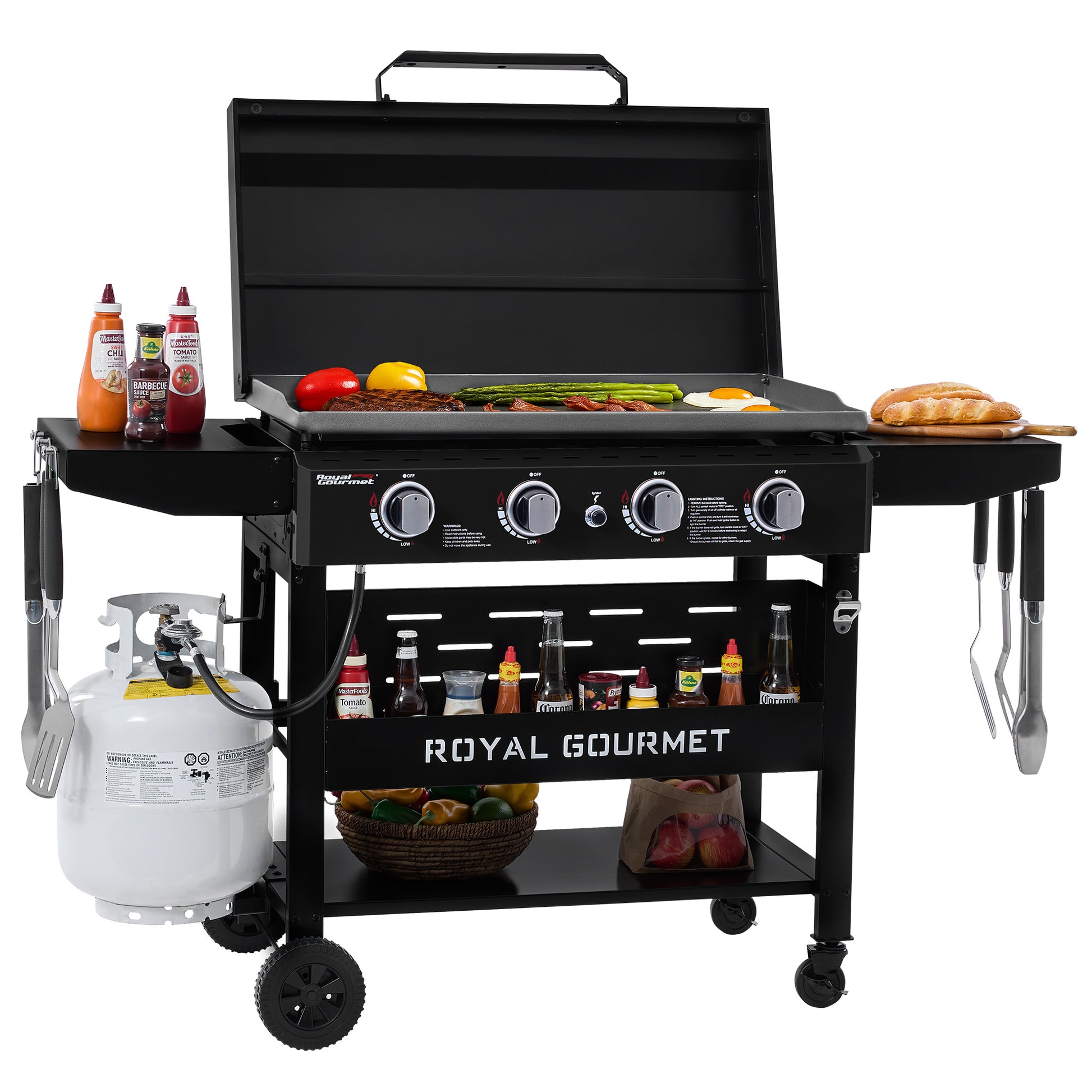 Black Royal Gourmet grill with various grilling accessories on a white background