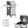A Royal Gourmet grill shown on a white background with dimension callouts and feature text. The main grill view shows the full unit with side shelf, front control panel, and wheels.