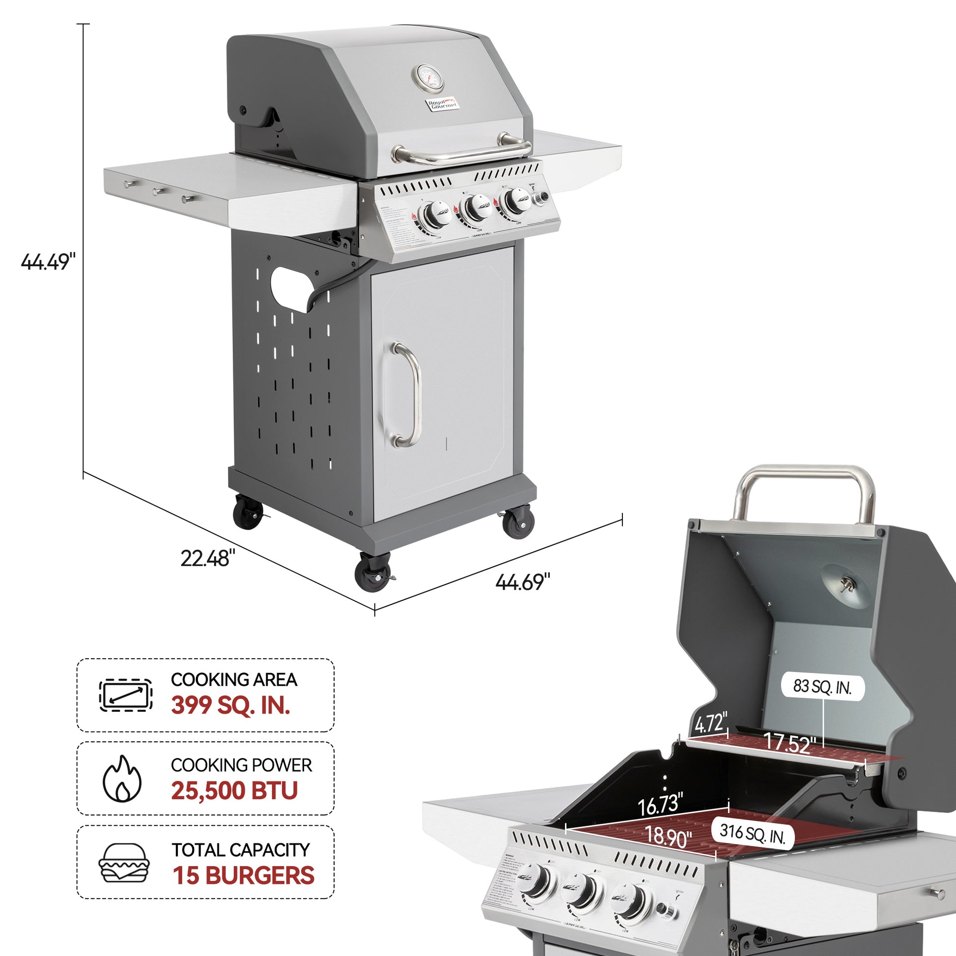 A Royal Gourmet grill shown on a white background with dimension callouts and feature text. The main grill view shows the full unit with side shelf, front control panel, and wheels.