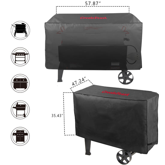 Black grill cover with measurements and icons on a white background
