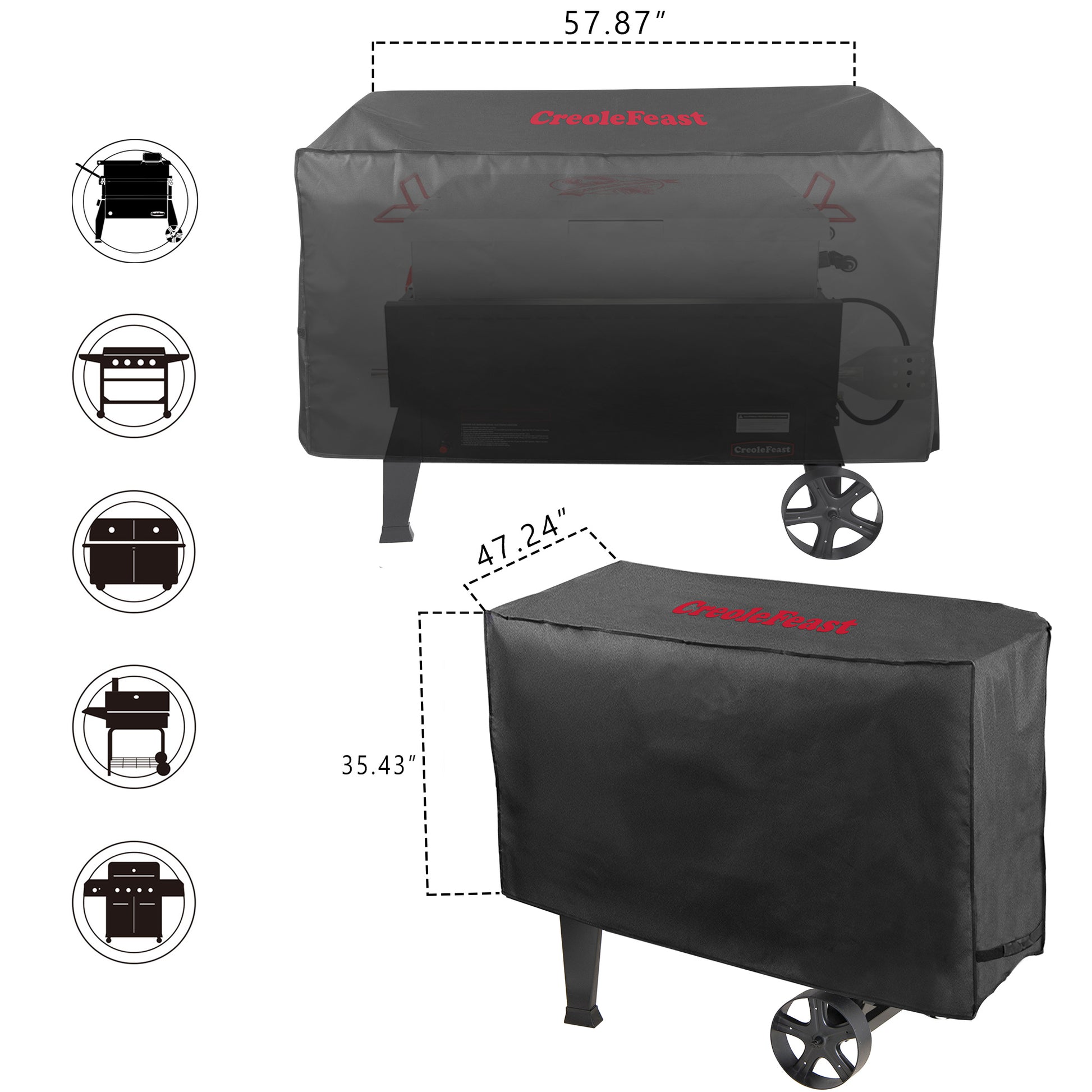 Black grill cover with measurements and icons on a white background