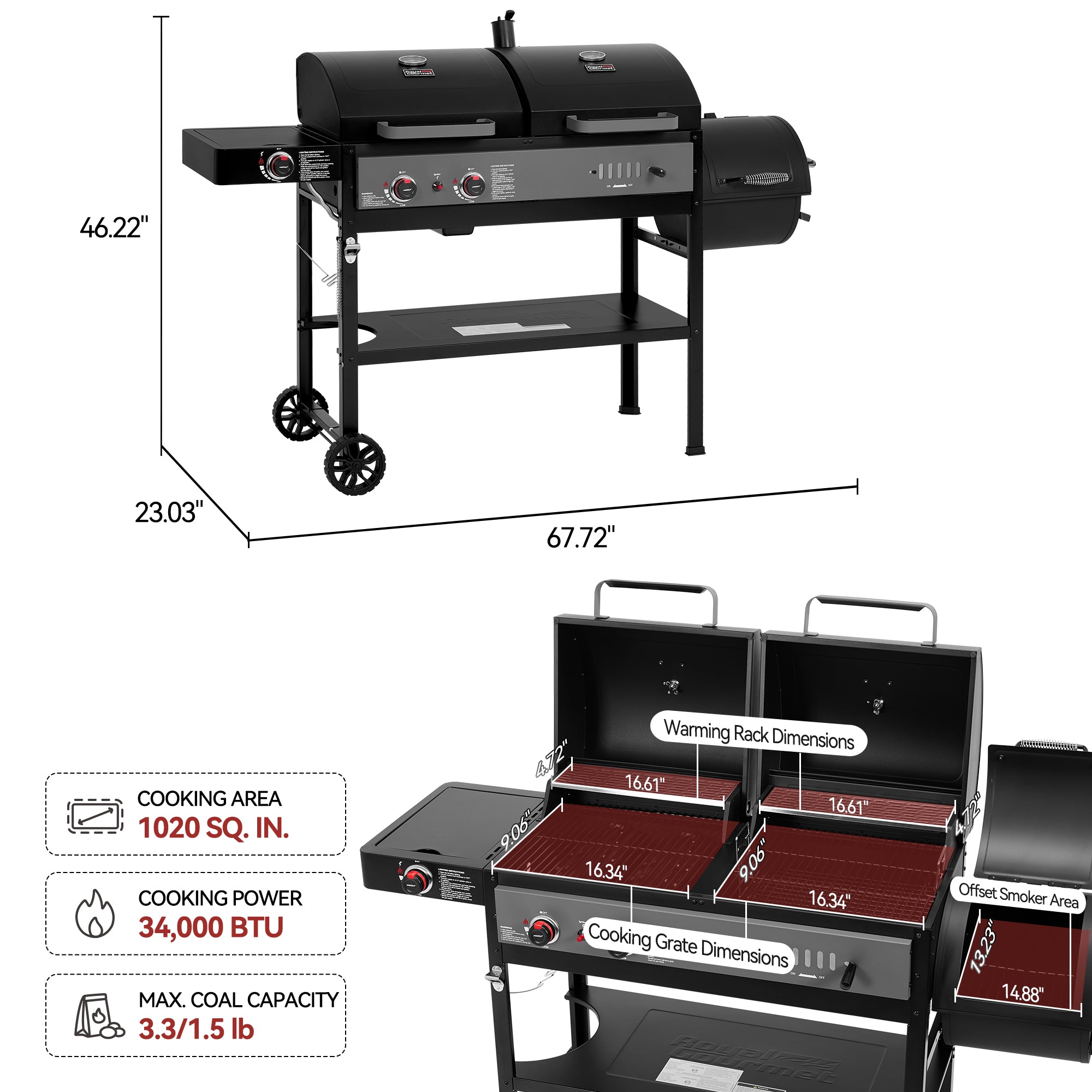 Royal Gourmet ZH3006Y Gas & Charcoal Grill Combo with Offset