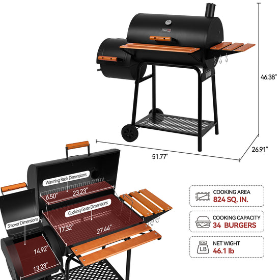 Black pellet Royal Gourmet grill with orange wood-look shelves and handles, shown in a clean product graphic with dimension callouts and feature icons. The top view shows the full grill with side shelves and chimney stack, while the lower view shows the open lid, cooking chamber, and smoker chamber with labeled dimensions.