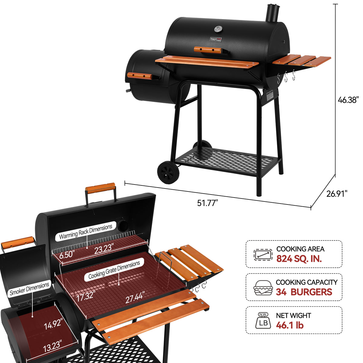 Black pellet Royal Gourmet grill with orange wood-look shelves and handles, shown in a clean product graphic with dimension callouts and feature icons. The top view shows the full grill with side shelves and chimney stack, while the lower view shows the open lid, cooking chamber, and smoker chamber with labeled dimensions.