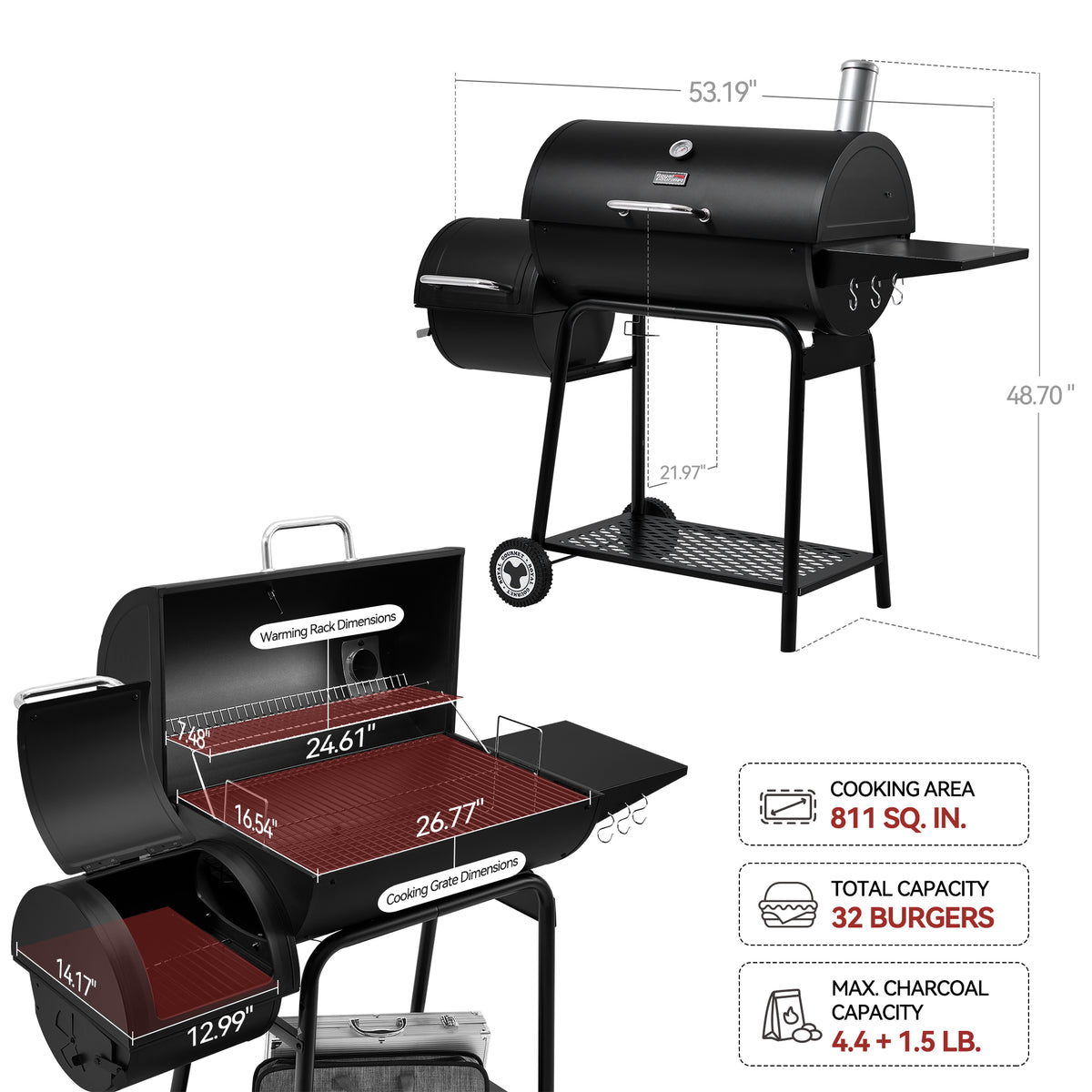 Black barbecue Royal Gourmet grill with dimensions and features displayed on a white background
