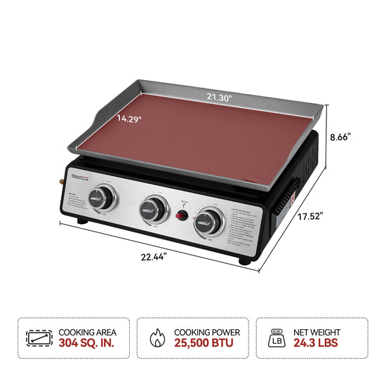Royal Gourmet Griddle with dimensions and specifications on a white background