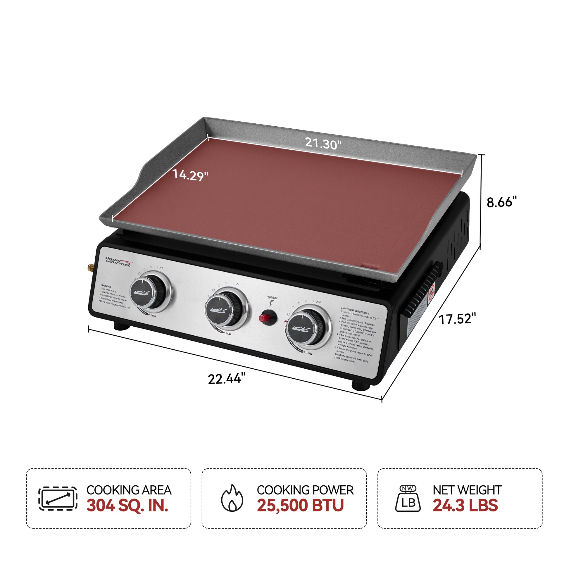 Royal Gourmet Griddle with dimensions and specifications on a white background