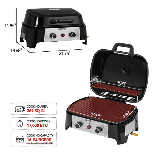 A black and silver Royal Gourmet gas grill shown in two views on a white background, with dimension lines and text indicating size (21.74 x 18.