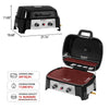 A black and silver Royal Gourmet gas grill shown in two views on a white background, with dimension lines and text indicating size (21.74 x 18.