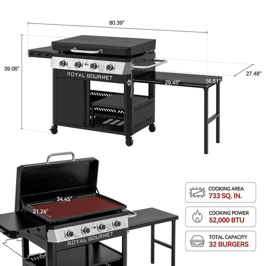 Premium 4-Burner Gas Griddle with Foldable Pull-Out Side Table