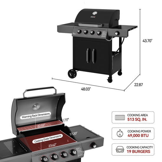 Black Royal Gourmet  grill with dimensions and cooking specifications on a white background