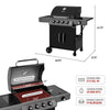 Black Royal Gourmet  grill with dimensions and cooking specifications on a white background