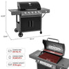 Black Royal Gourmet barbecue grill with dimensions and features displayed on a white background