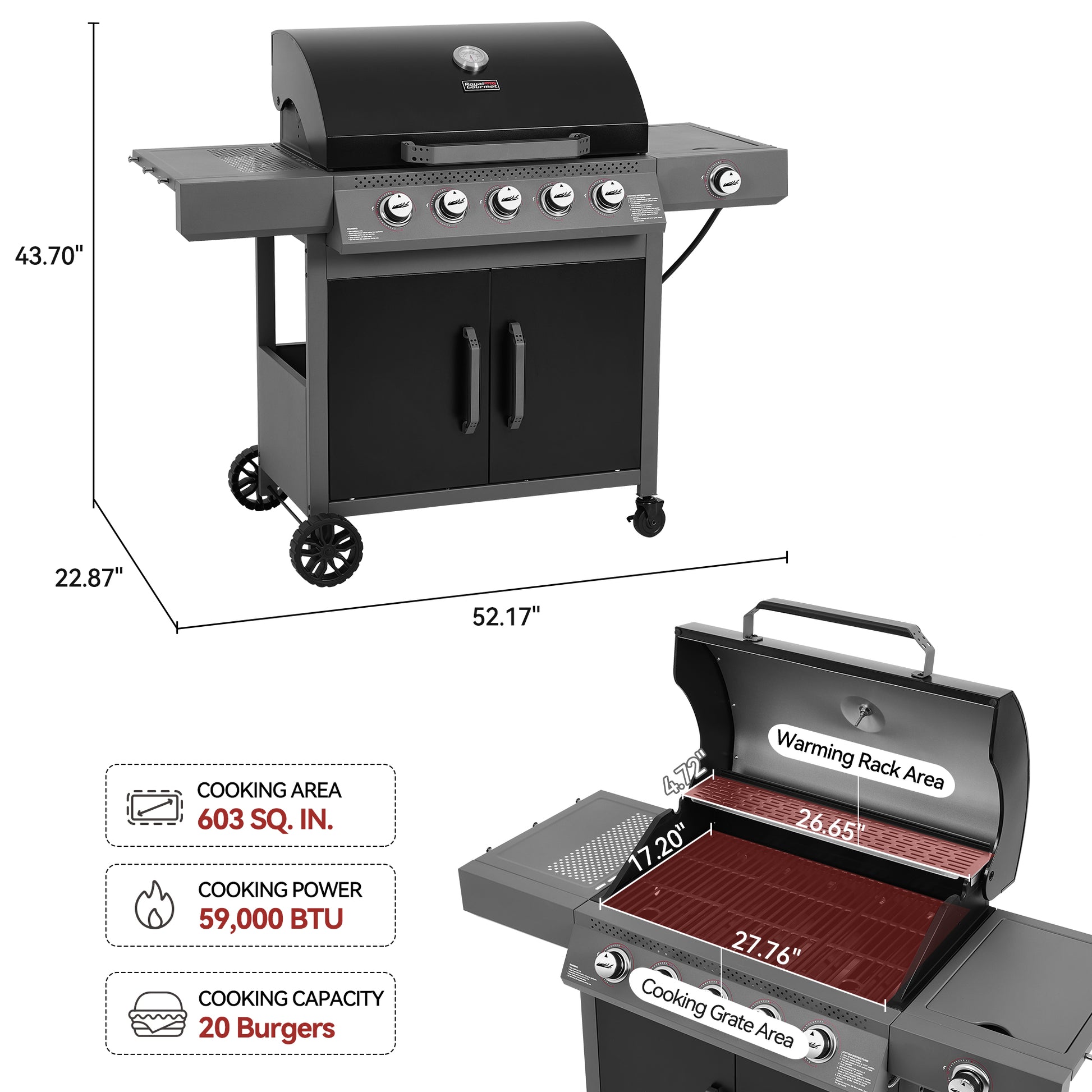 Black Royal Gourmet barbecue grill with dimensions and features displayed on a white background