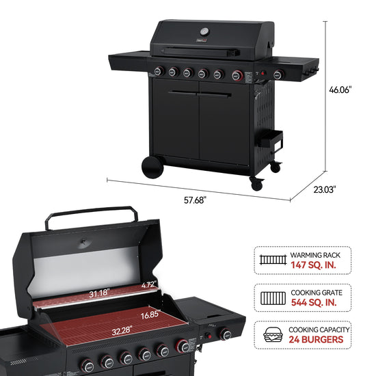 Black Royal Gourmet barbecue grill with dimensions and features on a white background