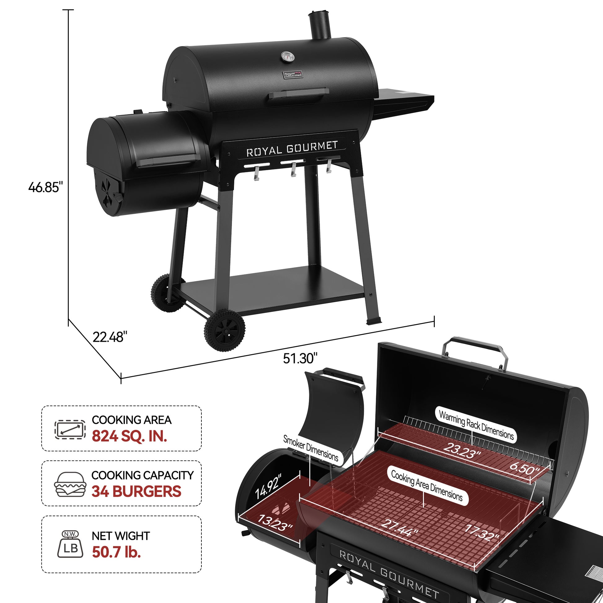 Black Royal Gourmet grill with dimensions and features on a white background