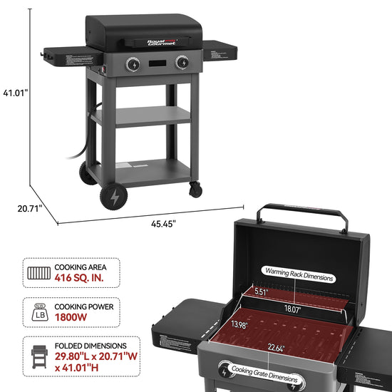 Royal Gourmet Outdoor grill with dimensions and features displayed on a white background
