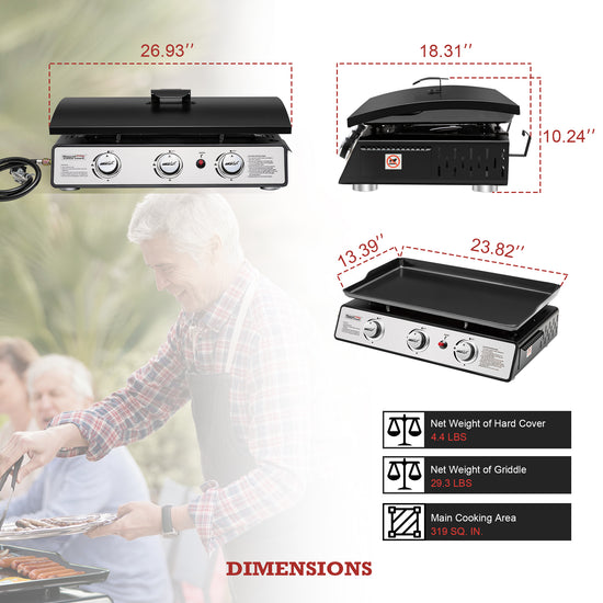 Royal Gourmet Portable grill with dimensions displayed, featuring a person grilling in the background.